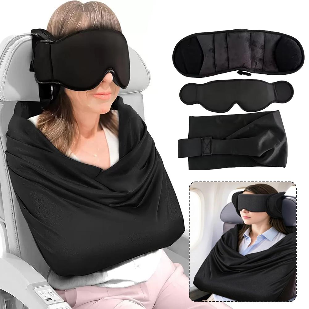 Travel Accessories Long Flight - ชุดอุปกรณ์ช่วยนอนหลับสำหรับเดินทาง 3-in-1 หมอนรองคอ ผ้าปิดตาปรับได้ ผ้าห่ม อุปกรณ์นอนหลับแบบพกพาอเนกประสงค์สำหรับเที่ยวบินระยะไกล
