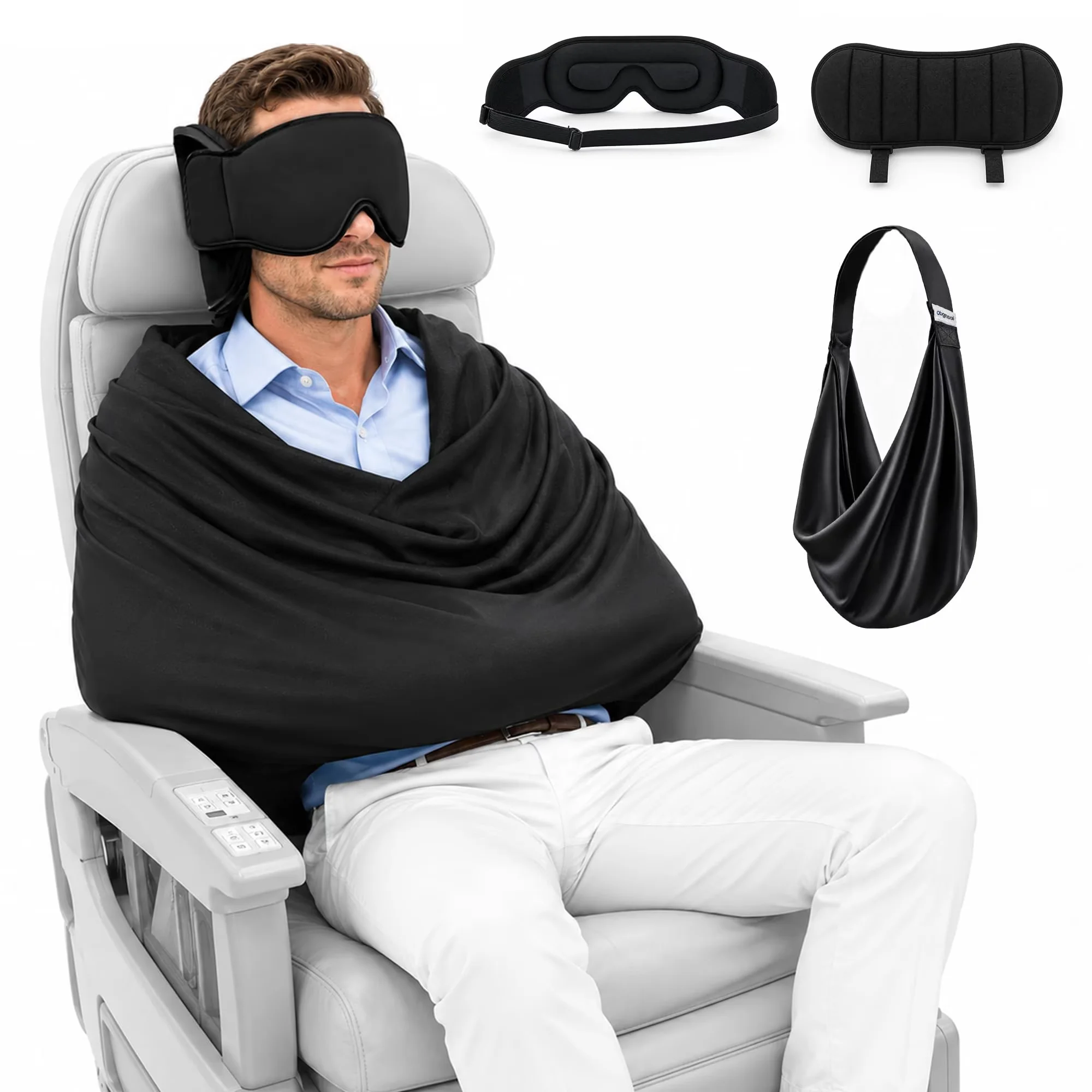Travel Accessories Long Flight - ชุดอุปกรณ์ช่วยนอนหลับบนเครื่องบิน 3-in-1 อุปกรณ์เสริมสำหรับการเดินทางด้วยเครื่องบิน พร้อมหมอนรองคอเมมโมรี่โฟมสำหรับเที่ยวบินระยะไกล และที่ปิดตาปรับได้
