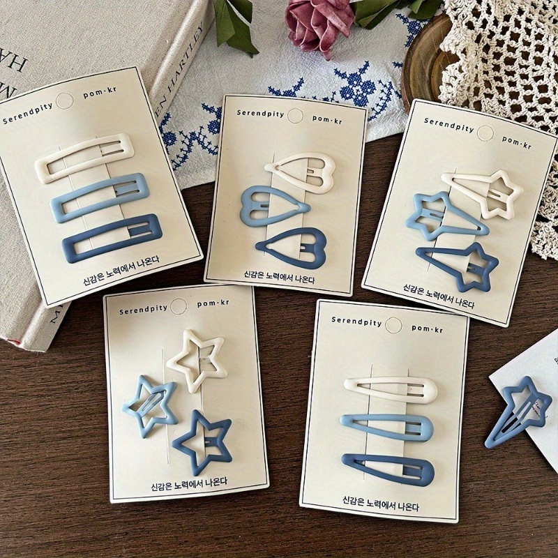 Travel Accessories Aesthetic - 15 ชิ้น กิ๊บติดผมเนื้อแมตต์ น่ารัก สีเทา-ฟ้า ลายดาว