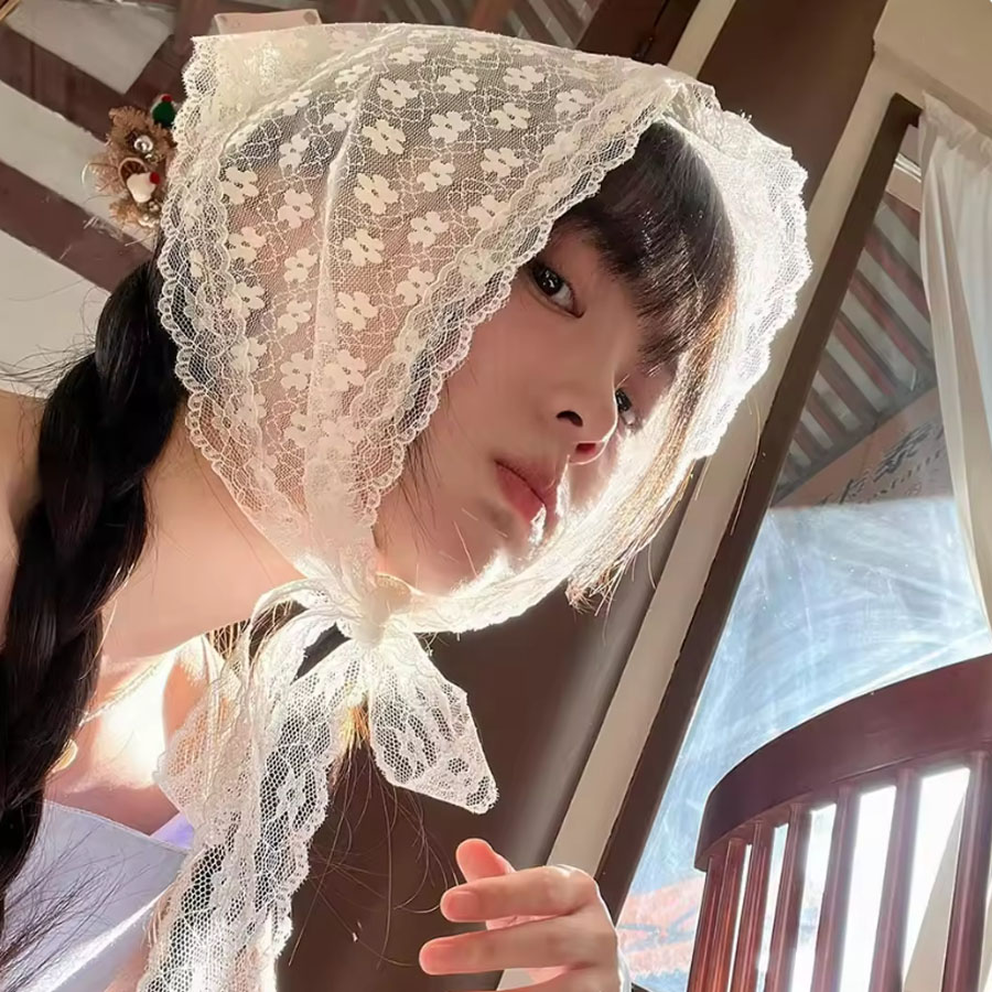 Travel Accessories Aesthetic - 1 ชิ้น ผ้าพันคอผ้าลูกไม้สามเหลี่ยม สีขาว ผ้าโพกหัวลูกไม้หวาน ที่คาดผมสำหรับถ่ายรูปท่องเที่ยว